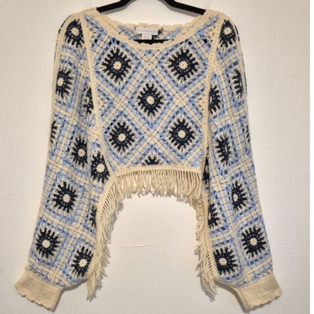 House of Harlow 1960 Crochet Shrug Top Sweater Granny Square Fringe Boho 70s OS